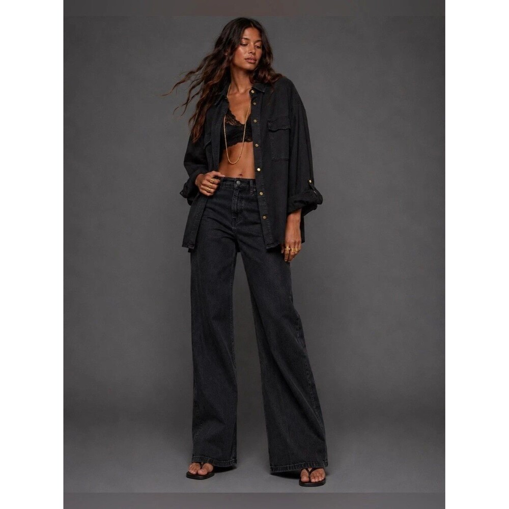 Zara Coated Wide Leg Jeans Women's US 4 Black Faux Leather Look High Rise 30x31